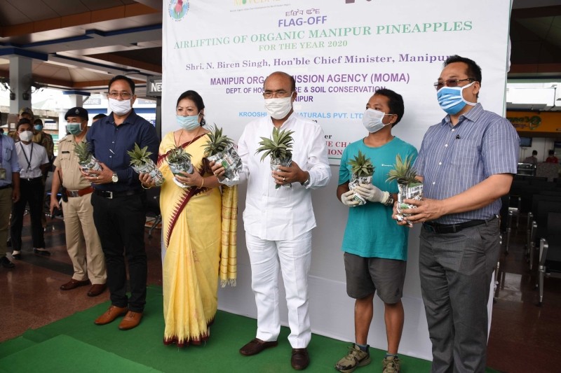 Manipur CM Biren Singh during the flag off of the organic Manipur pineapples which were airlifted for export on July 12.